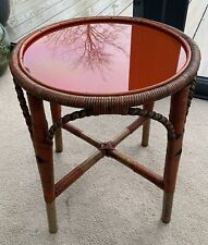 Vintage Bamboo Rattan Glass Topped Coffee Side Table Orange Glass