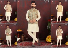 Traditional Heavy Silk Kurta Pajama With Jacquard Koti Set For Men's SH-BH