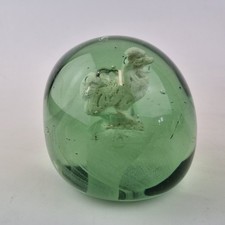 Antique 19thC Green Glass Dump Paperweight Sulphide Cockerel Chicken