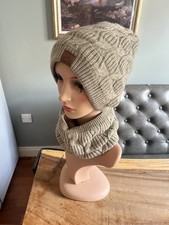 Sport Cable Knit Fleece Lined Beige Beanie Hat And Snood