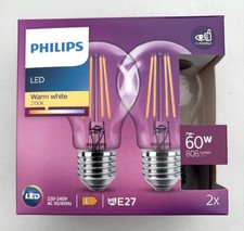 PHILIPS LED TWIN PACK E27 CLEAR GLASS WARM WHITE 7W=60W  806lm