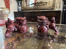 Vintage Chinese Foo Dog Ornament Heavy Cherry Red Resin Carved Oriental Statues