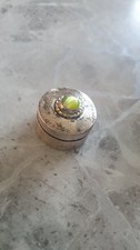 Small Circular Hallmarked Silver Pill Box With Green Stone To Top Stamped 925.