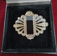 Vintage Pierre Bex Style, Black Enamel, Gold Swirls Art Deco Brooch Pin