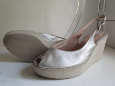 ALBERTO ZAGO DESIGNER UK 7 40 WOMENS SILVER LEATHER PLATFORM WEDGE HEELS SANDALS