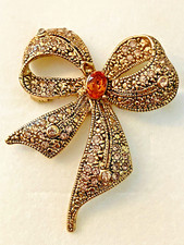 Vintage Adrian Buckley Gold Tone Crystal & Marcasite 3D Ribbon/Bow Brooch Boxed