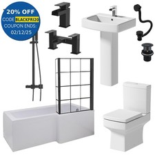 Complete Bathroom Suite Black 1700mm L Shape RH Bath Screen Basin WC Shower Taps