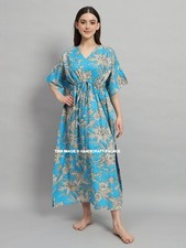 Indian Turquoise Long Print Cotton Hippie Maxi Women Boho Nightwear Caftan Dress