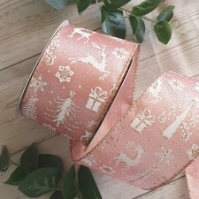 Wired Blush Pink & Rose Gold Sparkle Stag Reindeer Christmas Ribbon Lurex