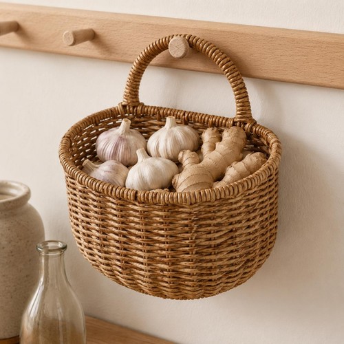 Wicker wall basket tan brown - basket, tan-brown