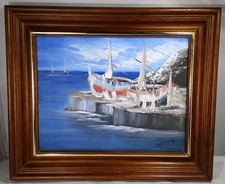 VINTAGE RETRO SEASCAPE OIL PAINTING FISHING BOATS WOODEN FRAMED SIGNED