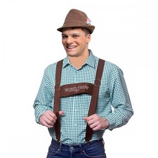 Adult Faux Suede Brown Bavarian Hat + Oktoberfest Braces Stag Party Fancy Dress