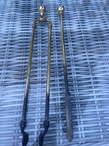 Antique brass fire tongs - antique, and