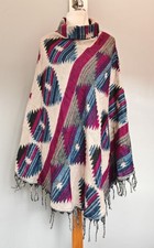 Women's Cream Roll Neck Soft Woven Fringed Ruana, Poncho, Made In India, New