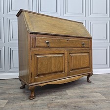 Antique Edwardian Oak Bureau Fall Front Writing Desk Georgian Revival Solid Wood
