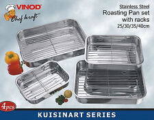 4PC STAINLESS STEEL ROASTING TRAYS OVEN PAN DISH BAKING ROASTER TRAY GRILL RACK