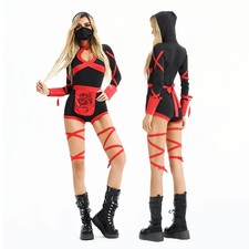 Women`s Red Dragon Ninja Costume Ladies Warrior Fancy Dress Jumpsuit Halloween