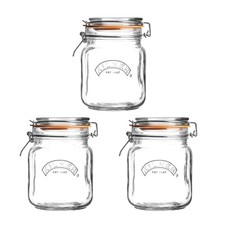 Kilner Square Clip Top Jar Set of 3 1 Litre (1000ml) Airtight Glass Jars for