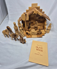 Vintage Hand Carved Holy Land  Olive Wood Nativity Crib Inc Figures  FREE POST