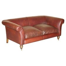 VINTAGE HAND DYED BROWN LEATHER ART DECO THREE SEAT SOFA FEATHER FILLED SEAT