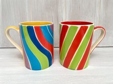 2 x WHITTARD HAND PAINTED CURVED STRIPED STRIPEY MULTICOLOURED MUGS VGC