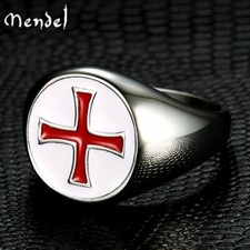 MENDEL Mens Knights Templar Crusader Red Cross Ring Masonic Stainless Steel Band