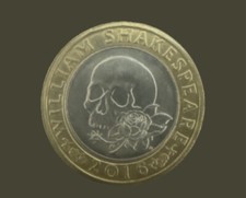 Rare 2016 William Shakespeare Skull £2 coin, Upside Down Writing, Printing Error