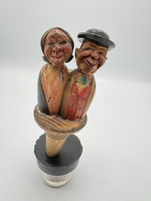 Vintage Carved Wood Bottle Stopper Kissing Couple Folk Art Barware Figurine