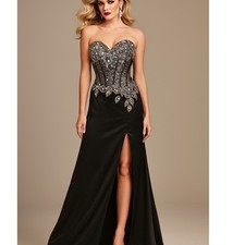 Tony Bowls Evenings Black Sequin Embellished Strapless Slit Formal Gown Dress