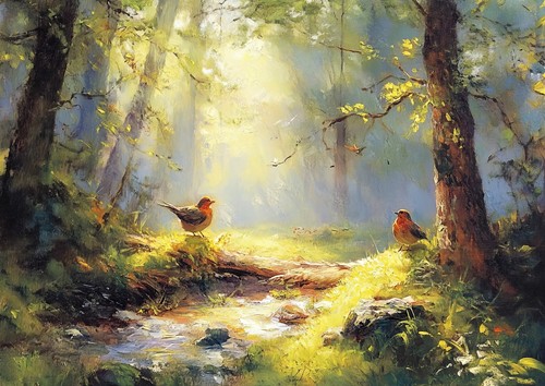 Sunlit forest robins - robins, 5"x7"