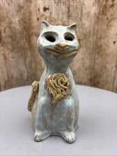 Lovely Mid Century Studio Pottery Abstract Smiling Light Blue Cat 6 Inch High