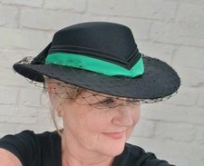 Vintage Ladies Hat Black Brim Bow Net Green Ribbon Trim Wedding Occasion Retro