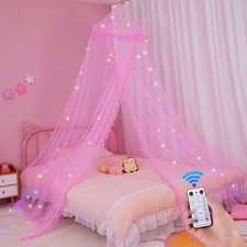 Bed Canopy for Girls Mosquito Net Kids Bed Curtains with LED Lights and Remote C