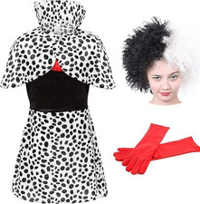 Evil Dog Lady Dalmatian Print With Wig Fancy Dress Costume For 10-12 Years