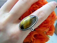 GORGEOUS MODERNIST VINTAGE 925 SOLID STERLING SILVER TIGERS CATS EYE RING SIZE N