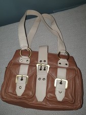Tommy & Kate Leather Shoulder Bag Medium Handbag Chunky Buckles Cream Brown Bold