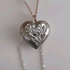 Silver Coloured Stainless Steel Heart Shaped Photo Locket Embossed Romantic Rose