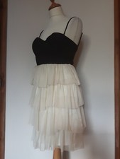 Lipsy 80s 90s Style Ra Ra Frill Cream Mesh Skirt Dress, Black Fitted Top Size 10