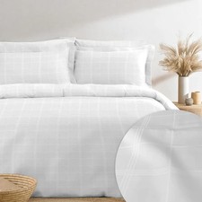 Pizuna 300TC Damask Check King Size Duvet Cover Set White, 100% Long Staple Cott