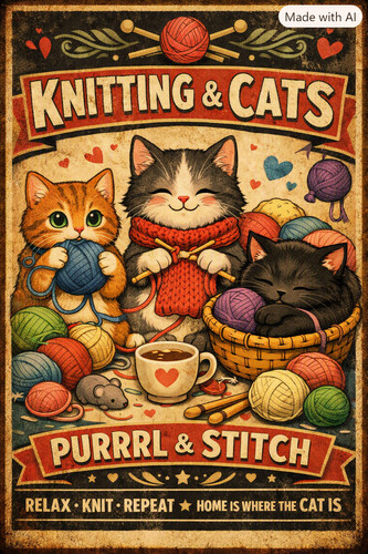 Retro knitting cats wall - retro,