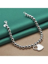Genuine Sterling Silver Heart Charm Beaded stretch Bracelet for Women.