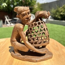 Bali Wood Rare Carved Man Chicken Cage Farmer Art Statue Carving 17cm
