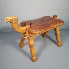 North African Carved Camel Saddle Foostool Leather & Wood Vintage Mid Century 