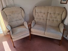 Vintage Wooden Frame Button Back Two Piece Suite Fireside Chair & Two Seat Sofa