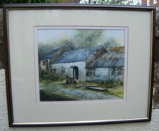 Vintage Painting Farmyard Old Farm Barn Scene Rustic Watercolour Signed Framed