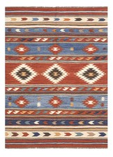 Handmade Afghan Pure Wool Kilim Geometric Brown Blue Sustainable 202 x 150 cm 