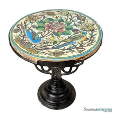 Antique Arts & Crafts Floral Birds of Paradise Glazed Round Garden Table