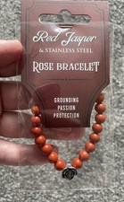 Natural Red Jasper Crystal Stretchy Beaded Bracelet W/ Rose Charm Grounding 8mm