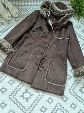 Long Brown Fur Suede Style Hooded Duffle Coat afghan 12 14 16 Autumn Winter ?