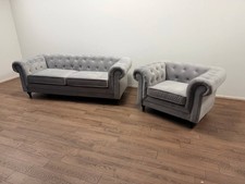 Chesterfield Velvet Armchair & 3-Seater Sofa – Light Grey